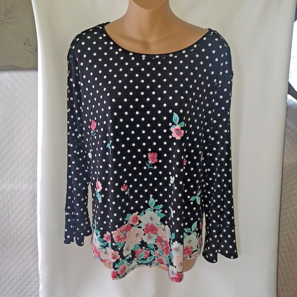 Elle Womens XXL Polka Dot Floral Border Print Scoop Neck 3/4 Sleeve Blouse Black